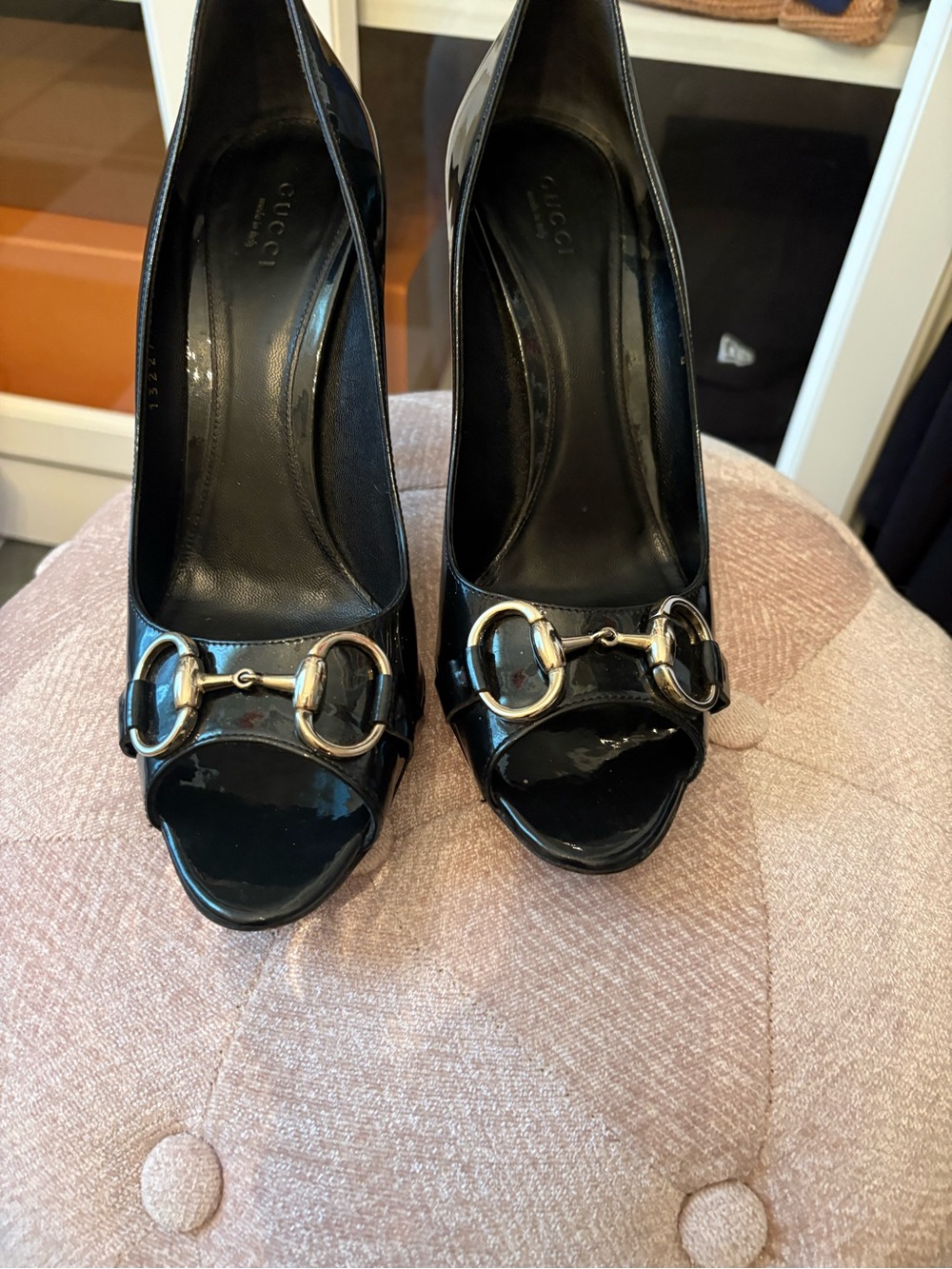 Gucci Black Patent Leather Peep-Toe Heels with Gold Horsebit